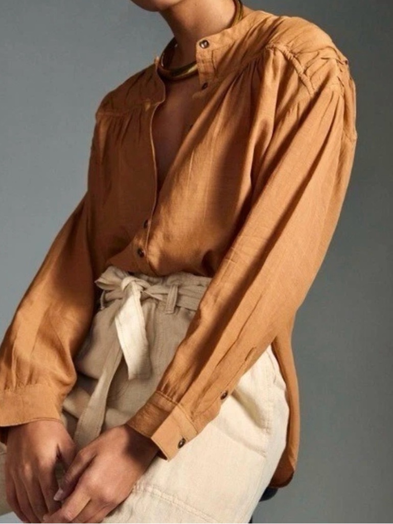 Pilcro Gathered Lightweight Yoke Button-Front Blouse Mustard Size S Cotton Blend